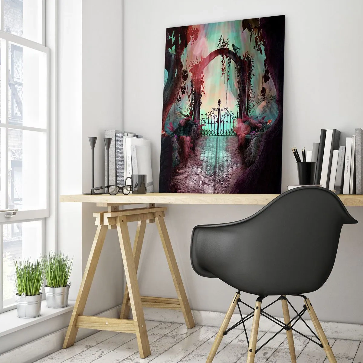 Impression sur verre - Image sur verre - Une entrée magique avec un portail en fer forgé entouré d'une végétation mystérieuse - 70x100cm - Jardin secret - Décoration murale moderne pour le salon et la chambre ARTTOR