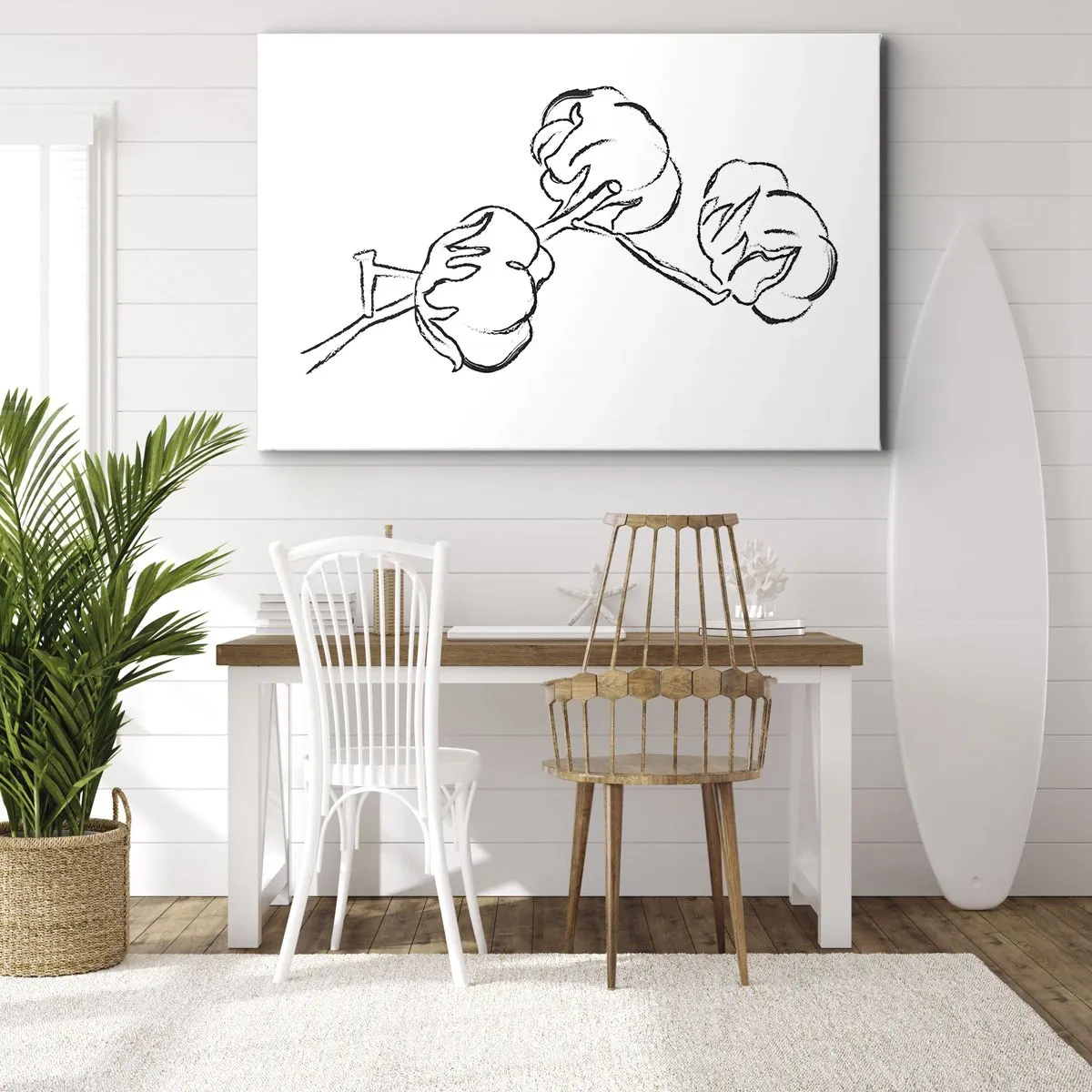 Impression sur toile - Image sur toile - Un contour délicat d'une branche de coton sur fond blanc - 100x70cm - Duvet de coton - Décoration murale moderne pour le salon et la chambre ARTTOR