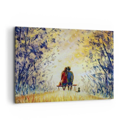 Impression sur toile - Image sur toile - Un couple assis sur un banc parmi les arbres d'automne au soleil - 100x70cm - Moment magique - Décoration murale moderne pour le salon et la chambre ARTTOR