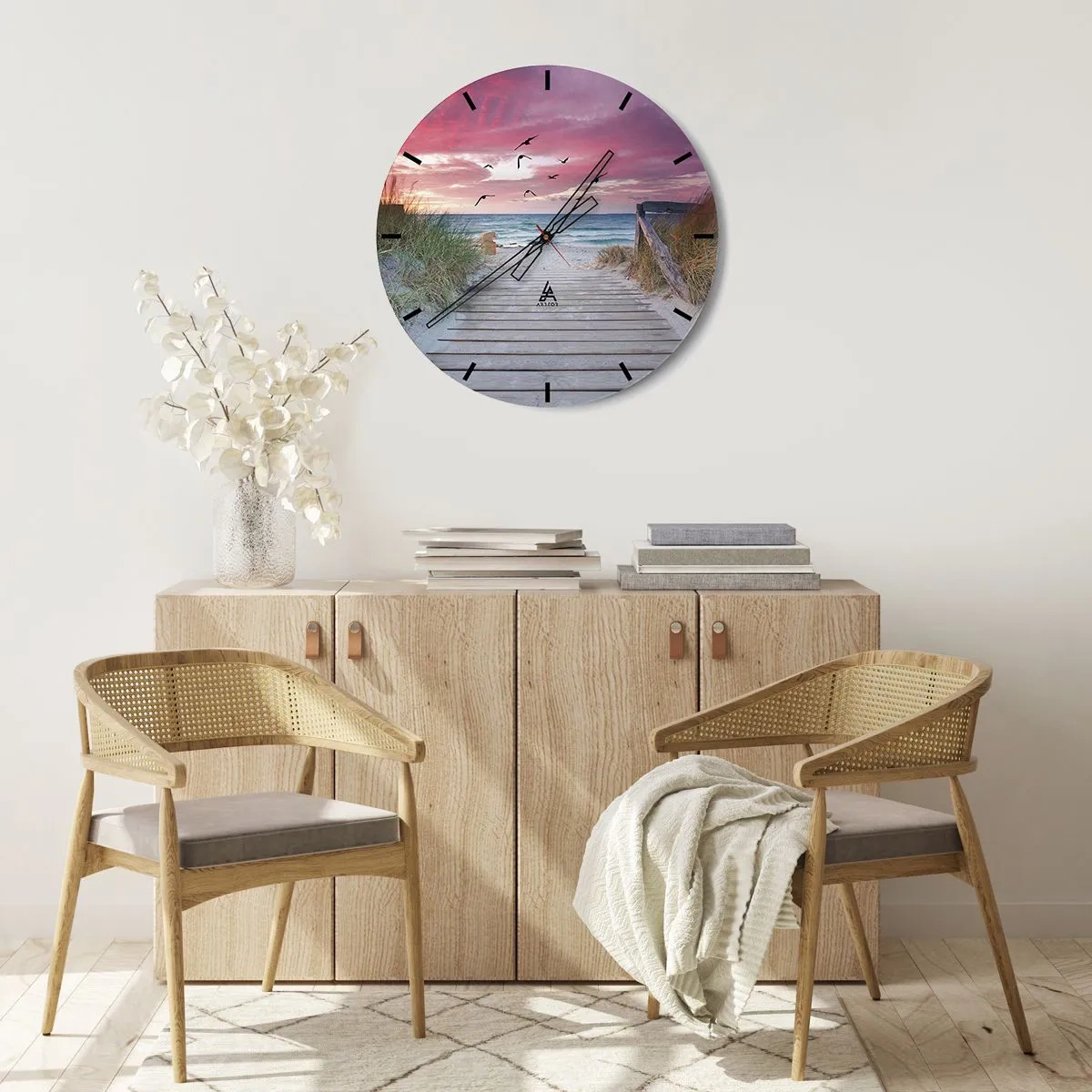 Horloge murale - Pendule murale - Jetée en bois menant à la plage au coucher du soleil - 30x30cm - Impression de la Baltique - Décoration murale moderne pour le salon, la cuisine et la chambre ARTTOR