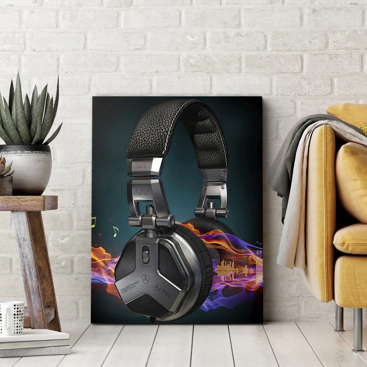 Impression sur toile - Image sur toile - Casque noir avec effet de visualisation musicale colorée - 50x70cm - Dans le feu de la musique - Décoration murale moderne pour le salon et la chambre ARTTOR