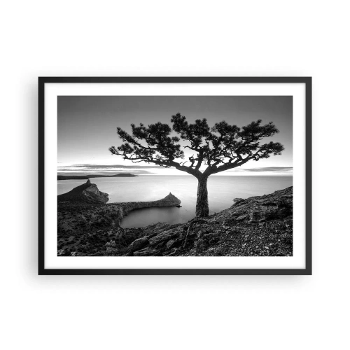 Affiche dans un cadre noir - Poster - Paysage noir et blanc avec un arbre solitaire sur une falaise au-dessus de la mer - 70x50cm - Paix jusqu'à l'horizon - Décoration murale moderne pour le salon et la chambre ARTTOR