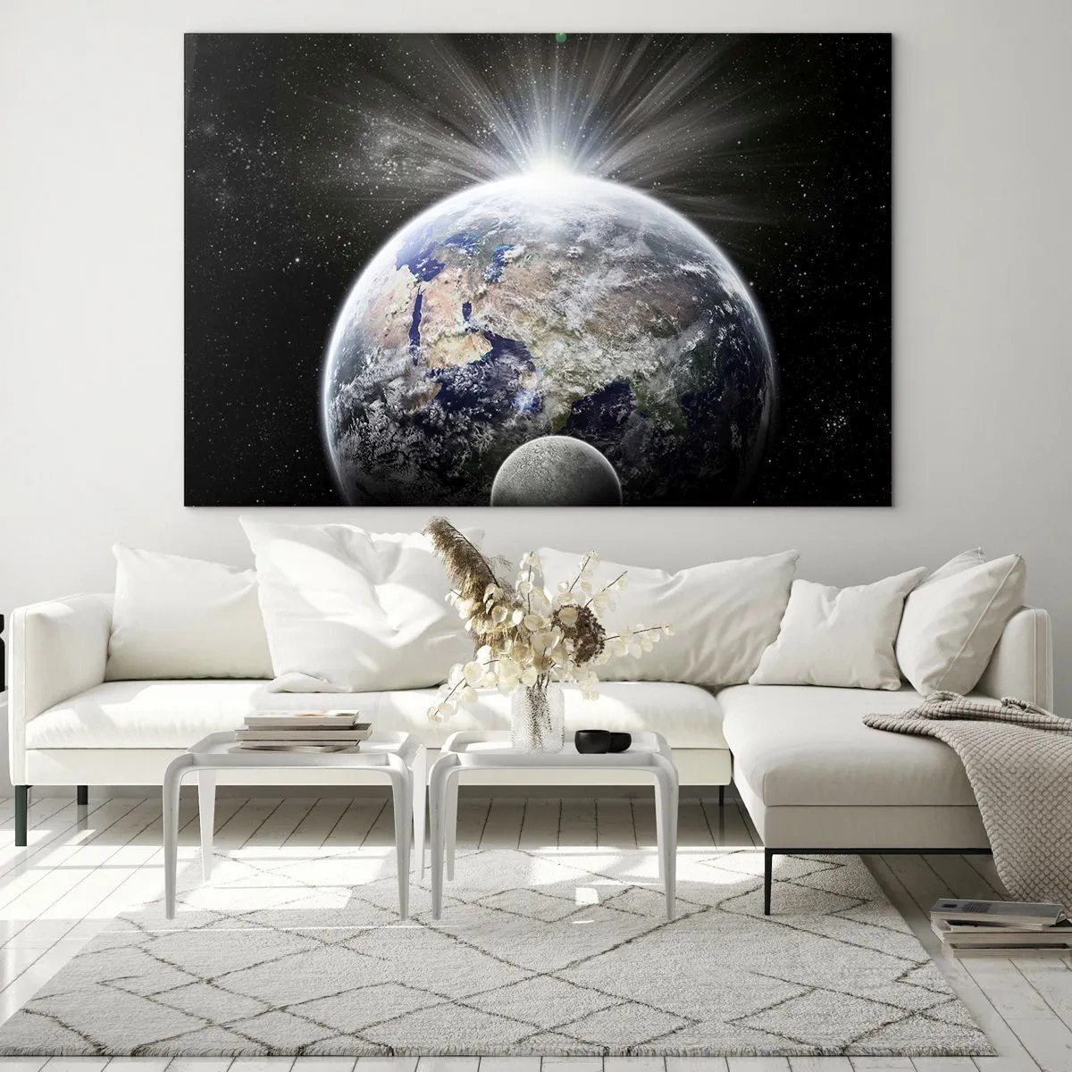 Impression sur verre - Image sur verre - La Terre et la Lune dans un paysage spatial - 120x80cm - En pleine splendeur - Décoration murale moderne pour le salon et la chambre ARTTOR