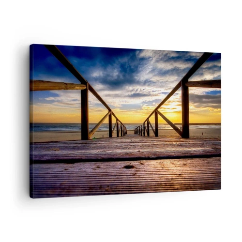 Impression sur toile - Image sur toile - Jetée en bois menant à la plage au coucher du soleil - 70x50cm - Directement sur une plage calme au coucher de soleil - Décoration murale moderne pour le salon et la chambre ARTTOR