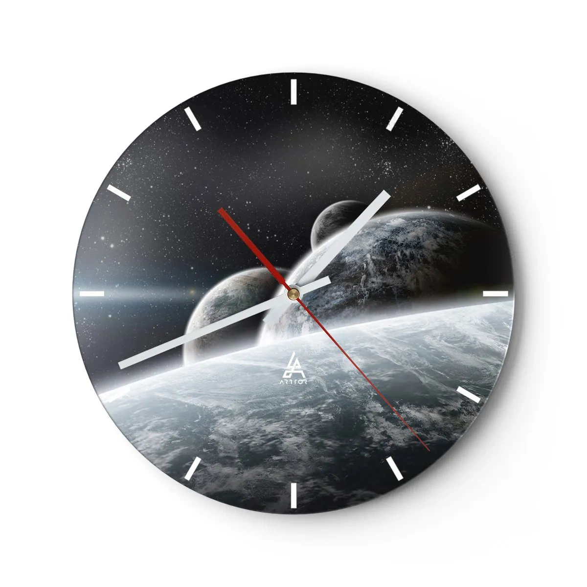 Horloge murale - Pendule murale - Vue des planètes de l'espace depuis la perspective de la Terre - 30x30cm - Musique cosmique des sphères - Décoration murale moderne pour le salon, la cuisine et la chambre ARTTOR