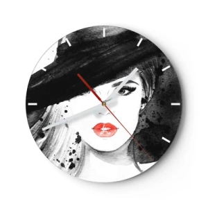 Horloge murale - Pendule murale - Femme élégante avec un chapeau et des lèvres rouges - 30x30cm - Dame en noir - Décoration murale moderne pour le salon, la cuisine et la chambre ARTTOR