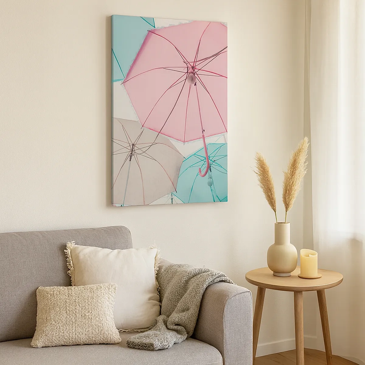 Impression sur toile - Image sur toile - Parapluies pastel contre un ciel lumineux - 50x70cm - Parfois le soleil, parfois la pluie - Décoration murale moderne pour le salon et la chambre ARTTOR