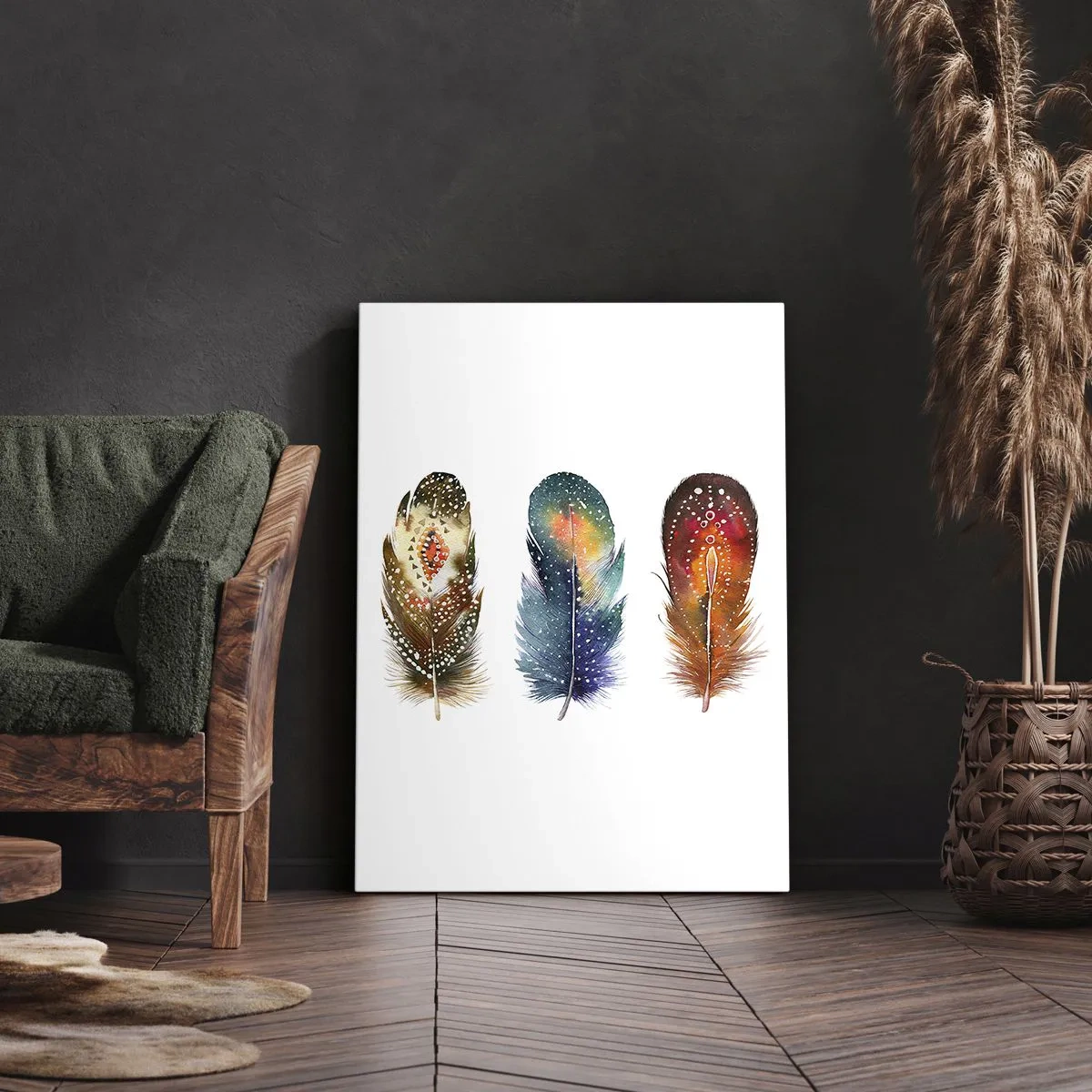 Impression sur toile - Image sur toile - Trois plumes colorées avec des motifs artistiques sur un fond clair - 50x70cm - Rituels, cérémonies, secrets - Décoration murale moderne pour le salon et la chambre ARTTOR