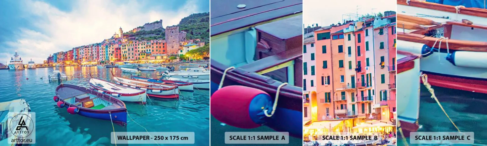 Échantillon de Papier Peint Autocollant Deluxe Sticker - Soirée colorée au port - Ville portuaire, Architecture, Paysage - 100x30 cm