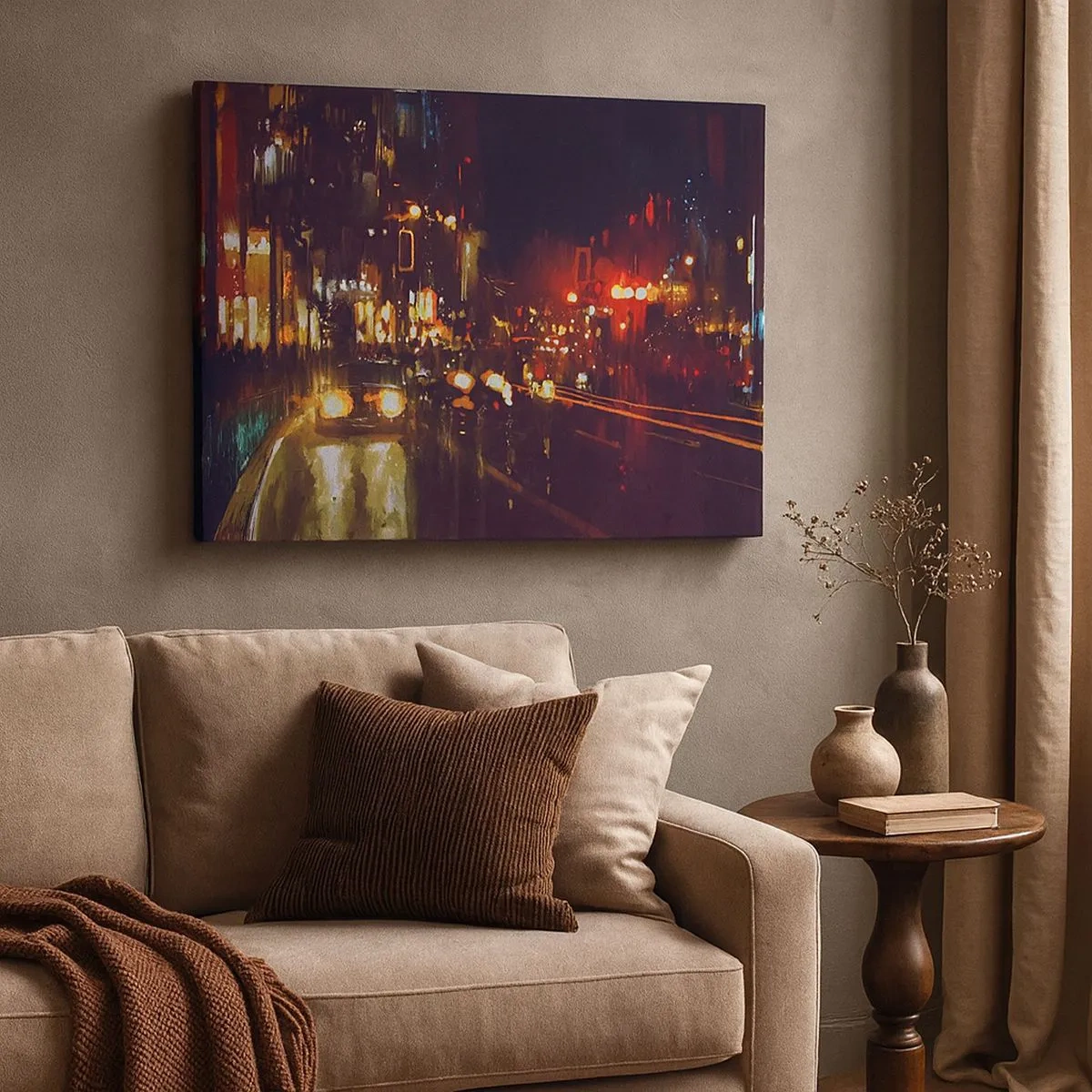Impression sur toile - Image sur toile - Scène de ville nocturne avec des lumières colorées et des reflets dans la rue - 70x50cm - Immergé dans les lumières de la nuit - Décoration murale moderne pour le salon et la chambre ARTTOR