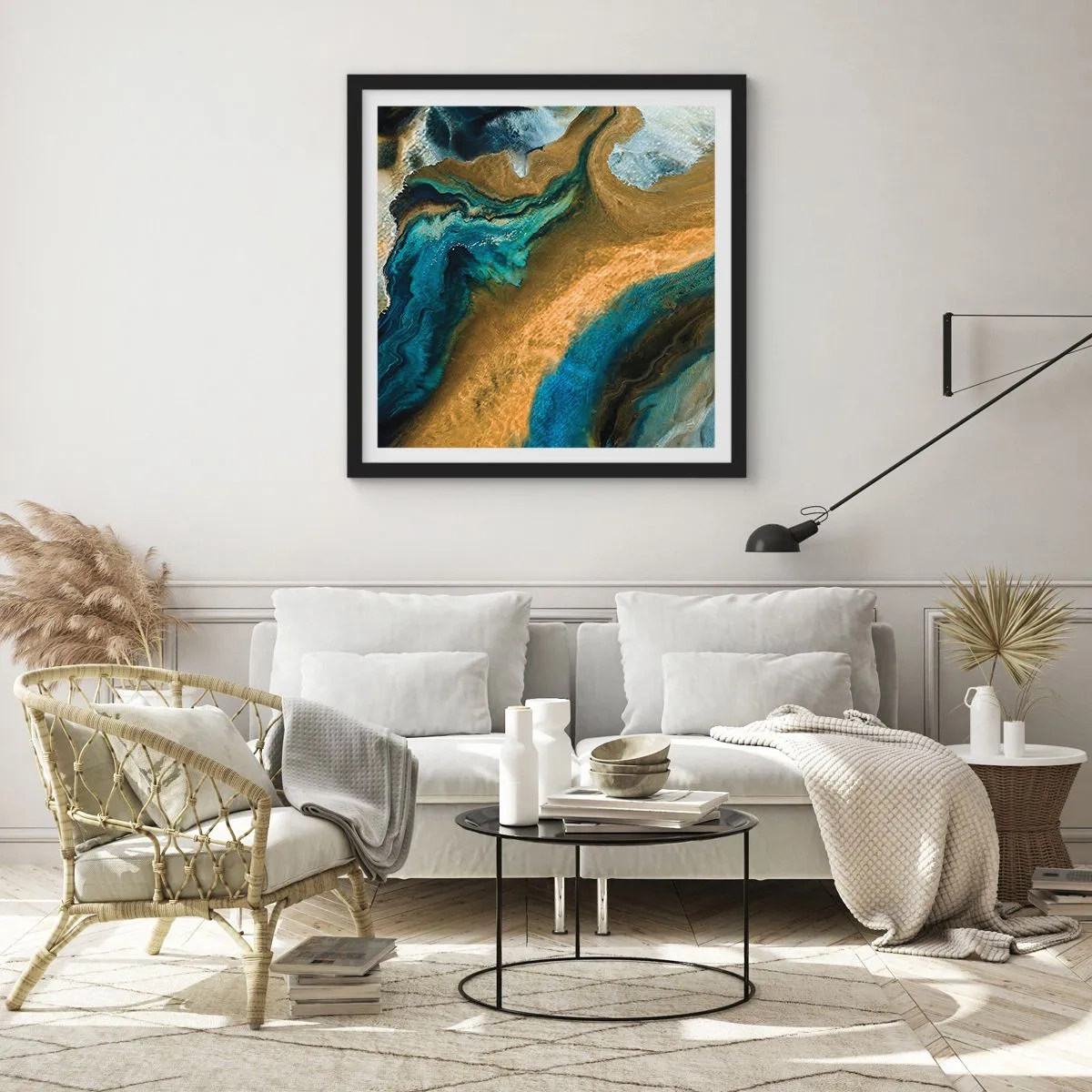 Affiche dans un cadre noir - Poster - Bleu - jaune - influences mutuelles - 60x60 cm