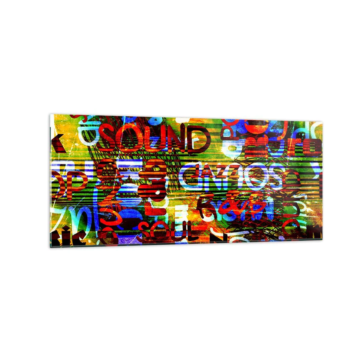 Impression sur verre - Image sur verre - Abstraction colorée avec des inscriptions musicales dans un style pop art - 120x50cm - Toutes les nuances du son - Décoration murale moderne pour le salon et la chambre ARTTOR