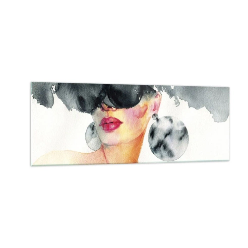 Impression sur verre - Image sur verre - Une femme portant des lunettes élégantes et de grandes boucles d'oreilles - 140x50cm - Secret de l'élégance - Décoration murale moderne pour le salon et la chambre ARTTOR