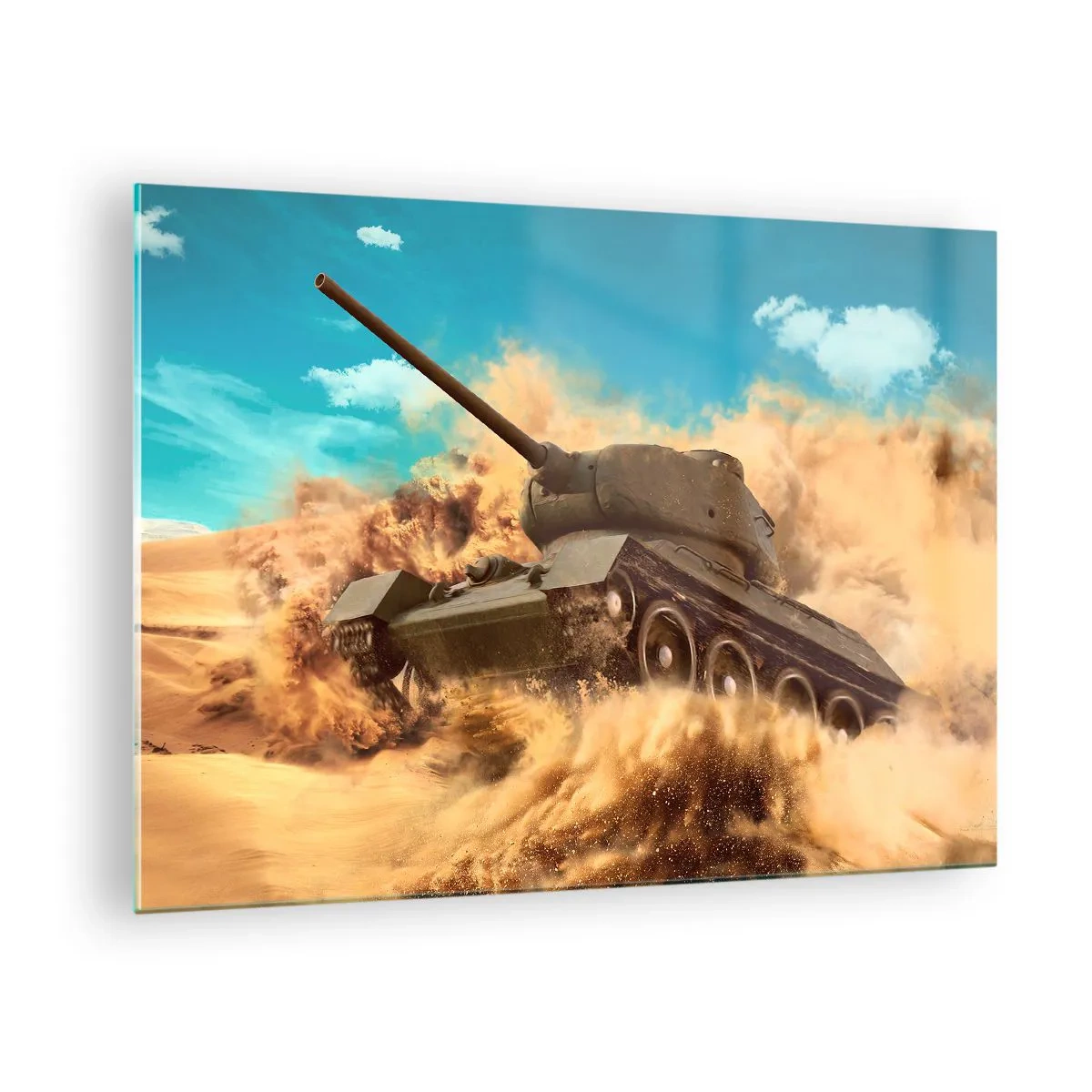 Impression sur verre - Image sur verre - Un char en mouvement dans un désert avec de la poussière qui vole et un ciel lumineux - 70x50cm - Insurmontable - Décoration murale moderne pour le salon et la chambre ARTTOR