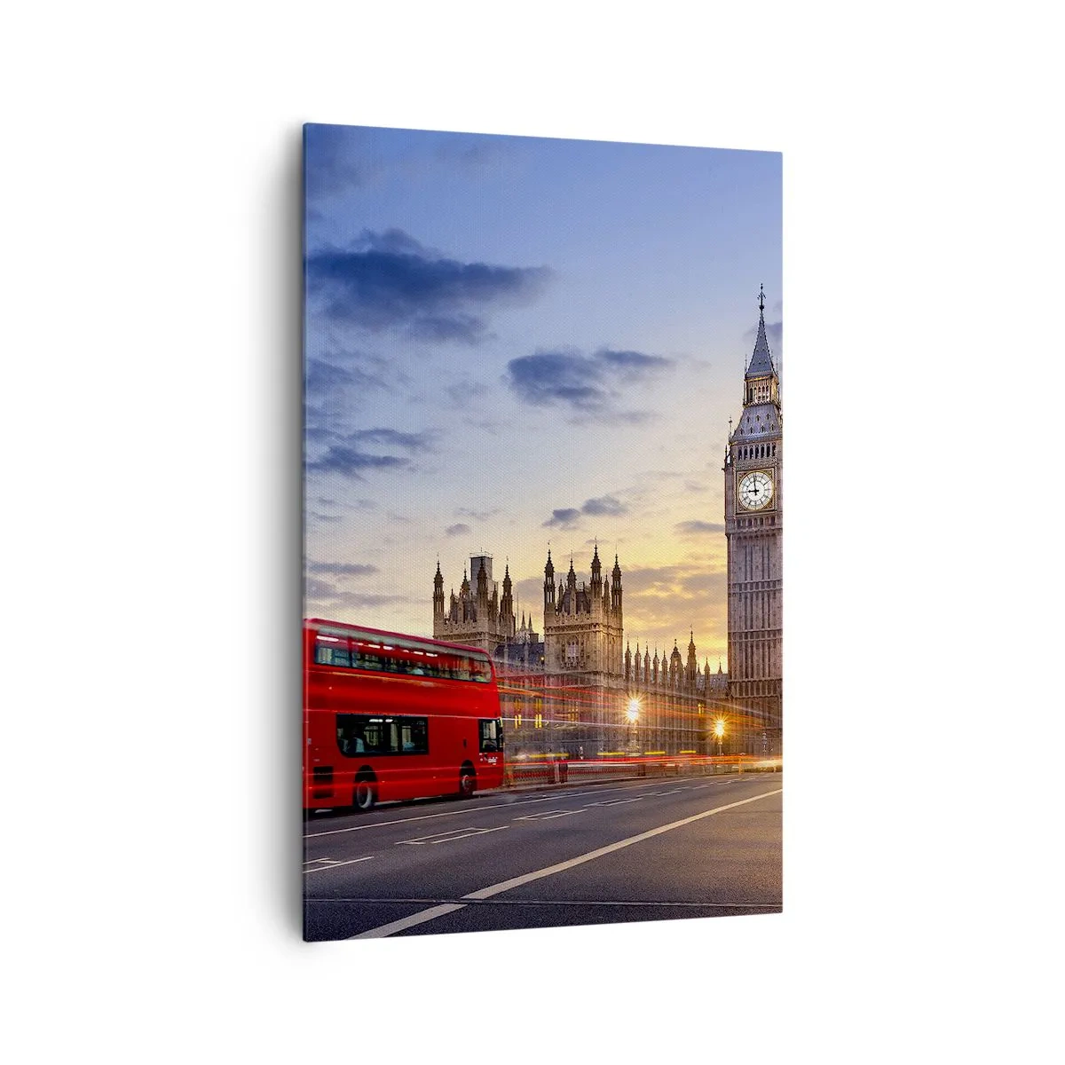 Impression sur toile - Image sur toile - Un bus rouge avec Big Ben et les Chambres du Parlement en arrière-plan au crépuscule. - 80x120cm - Caractères spéciaux - Décoration murale moderne pour le salon et la chambre ARTTOR