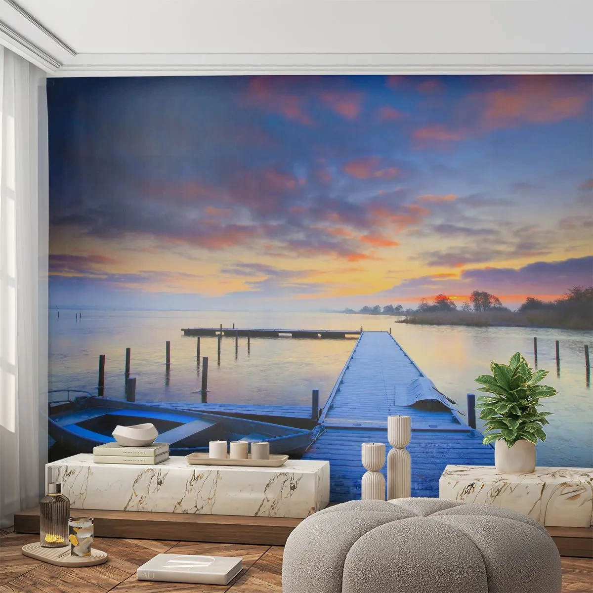 Papier Peint Photo Premium Sand - Jetée en bois sur le lac au coucher du soleil - 100x70cm - Calme violet-doré - Décoration murale moderne pour le salon et la chambre ARTTOR