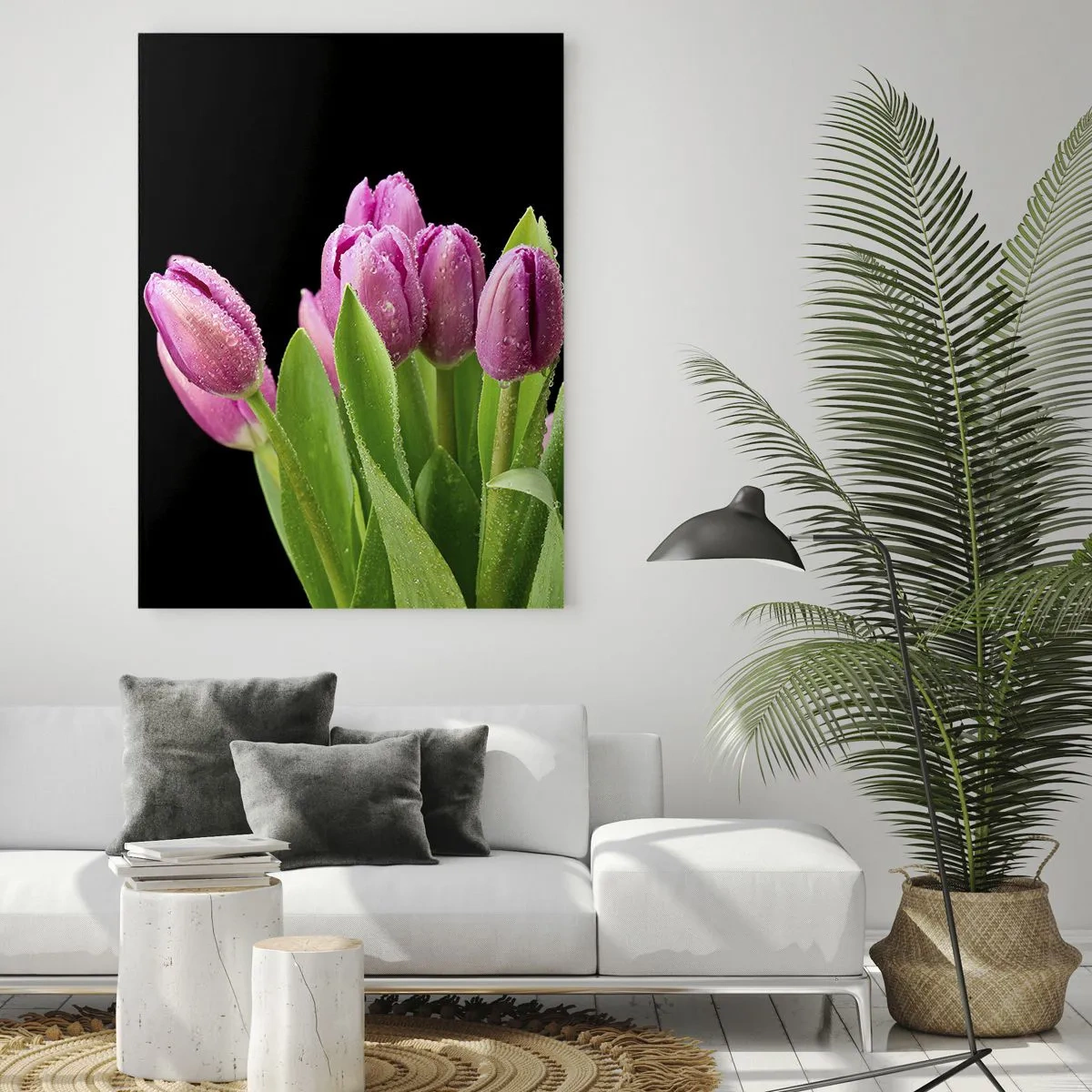 Impression sur verre - Image sur verre - Tulipes roses avec des gouttes de rosée sur fond noir - 80x120cm - Joie printanière des lilas - Décoration murale moderne pour le salon et la chambre ARTTOR