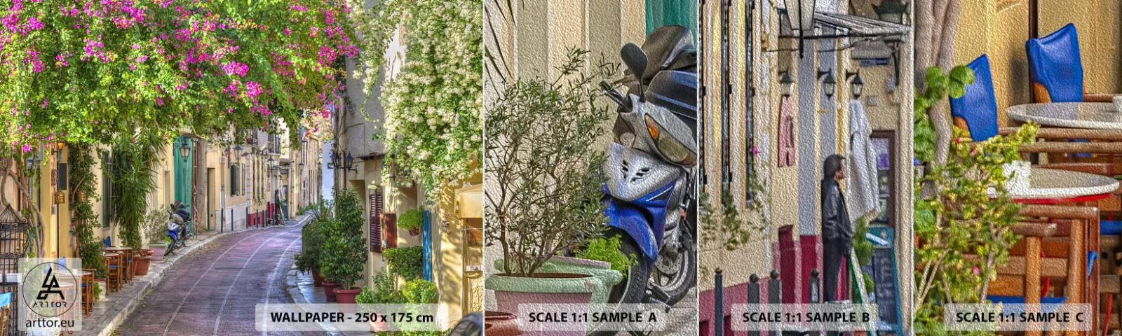 Échantillon de Papier Peint Premium Sand - Allée fleurie - Architecture, Grèce, Ville - 100x30 cm
