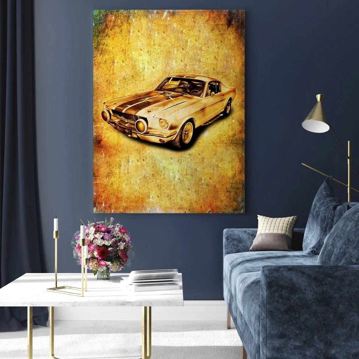 Impression sur verre - Image sur verre - Voiture de sport rétro classique sur fond vintage dans des tons dorés - 80x120cm - La folie des années 70 - Décoration murale moderne pour le salon et la chambre ARTTOR