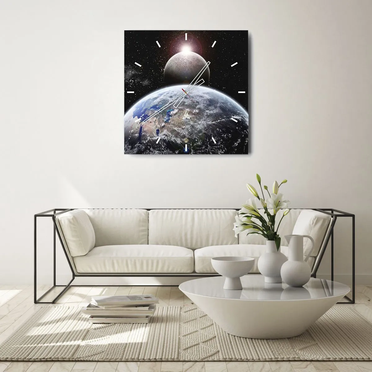 Horloge murale - Pendule murale - La planète Terre et la Lune sur fond d'espace étoilé. - 30x30cm - Paysage cosmique - lever de soleil - Décoration murale moderne pour le salon et la chambre ARTTOR
