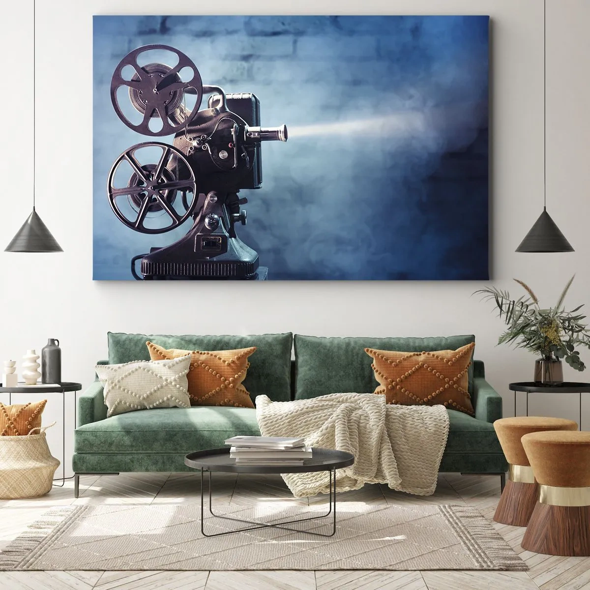 Impression sur toile - Image sur toile - Un vieux projecteur de cinéma projetant de la lumière sur un fond bleu - 70x50cm - Dans un vieux cinéma - Décoration murale moderne pour le salon et la chambre ARTTOR