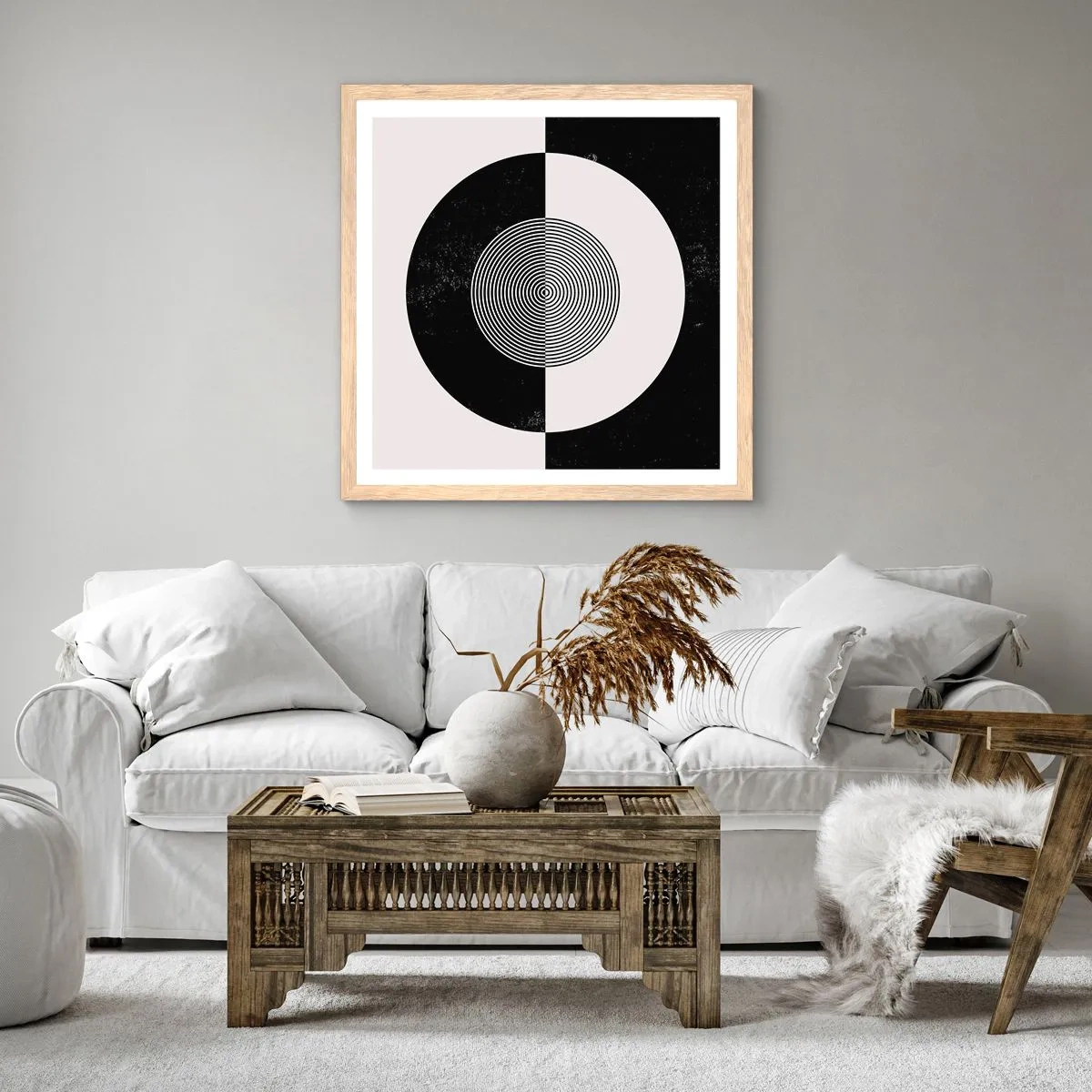 Affiche dans un chêne clair - Poster - Harmonie de noir et blanc - 60x60 cm