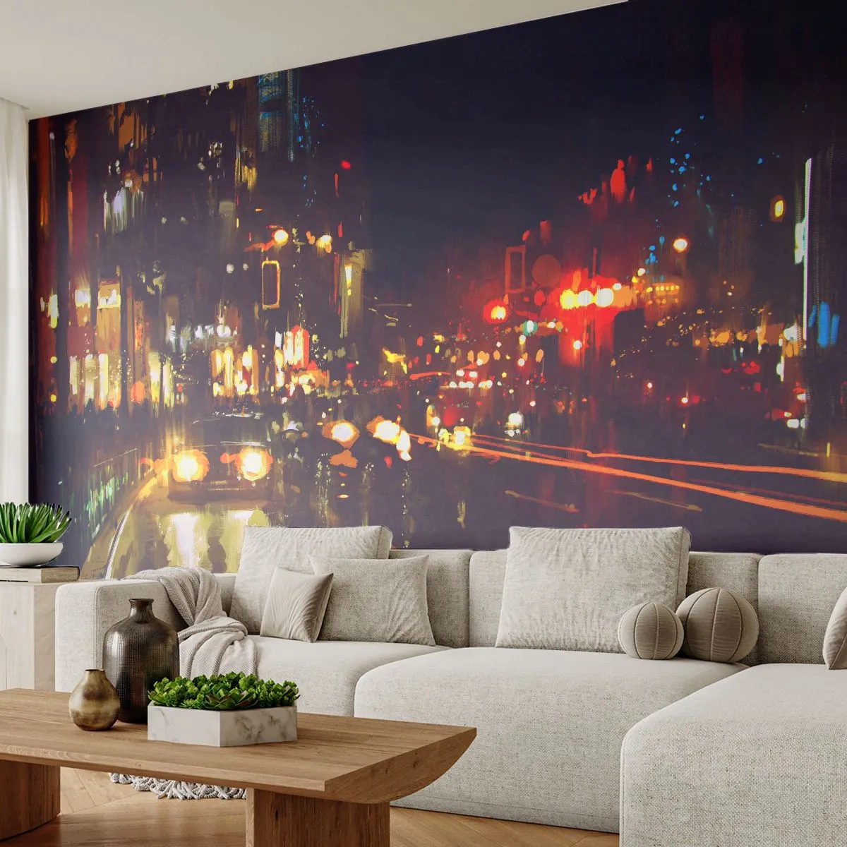 Papier Peint Photo Premium Sand - Une vision picturale d'une ville nocturne pleine de lumières - 100x70cm - Immergé dans les lumières de la nuit - Décoration murale moderne pour le salon et la chambre ARTTOR