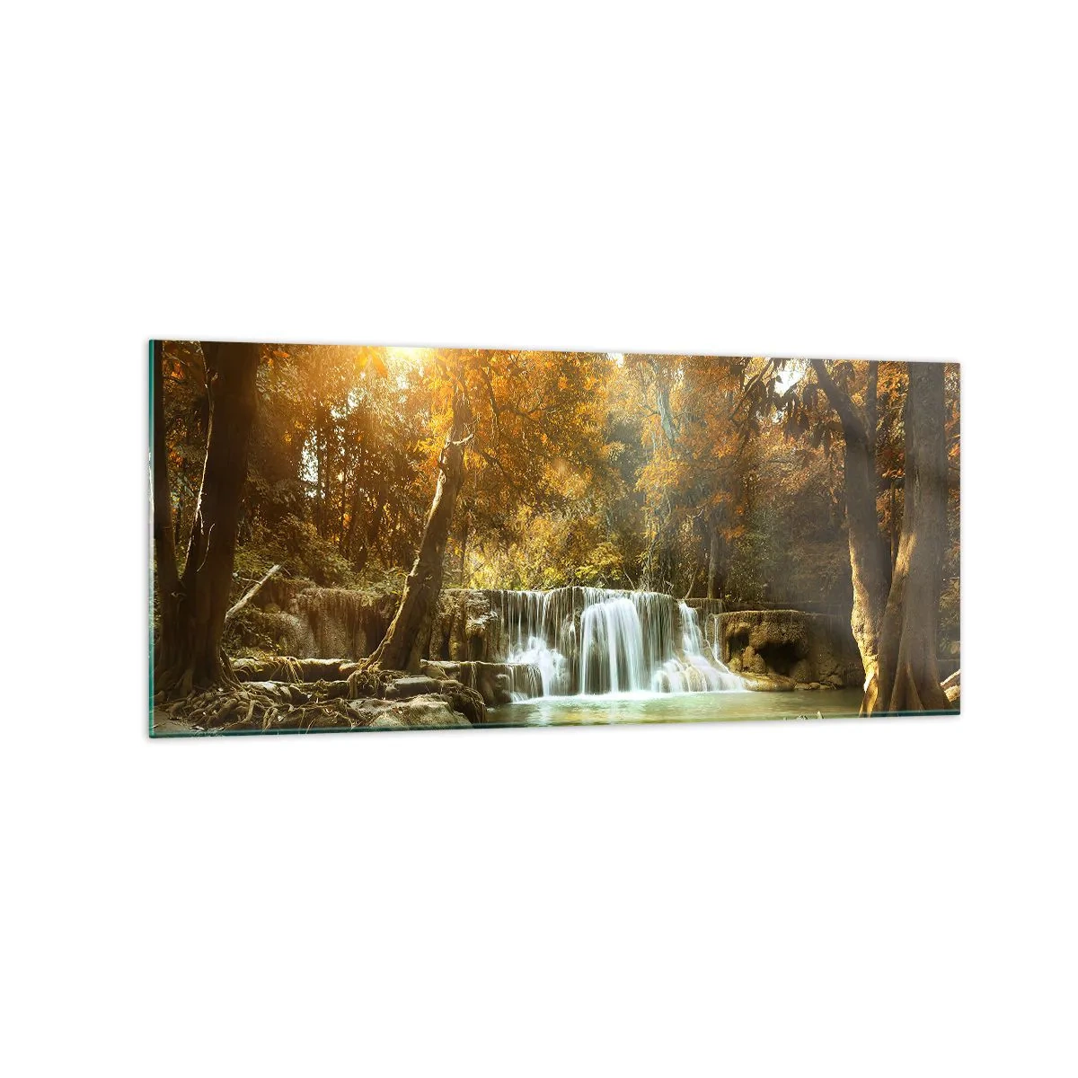 Impression sur verre - Image sur verre - Paysage d'automne avec une cascade - 120x50cm - Cascade du parc - Décoration murale moderne pour le salon et la chambre ARTTOR