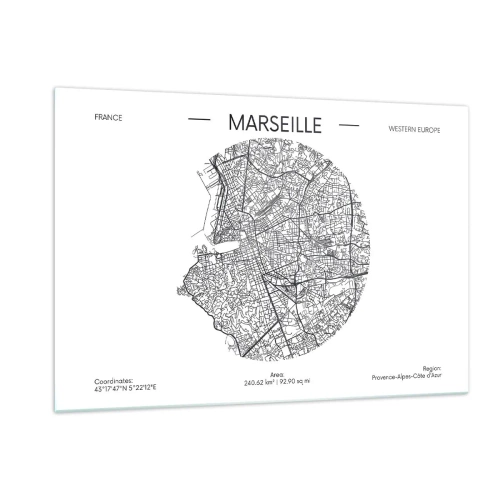 Impression sur verre - Image sur verre - Carte en noir et blanc de la ville de Marseille dans un style moderne - 120x80cm - Anatomie de Marseille - Décoration murale moderne pour le salon et la chambre ARTTOR