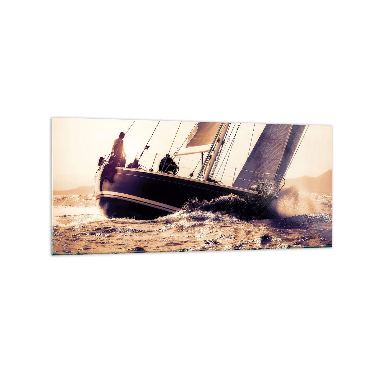Impression sur verre - Image sur verre - Un yacht sur une mer agitée à la lumière du soleil couchant - 120x50cm - Navigue, marin - Décoration murale moderne pour le salon et la chambre ARTTOR
