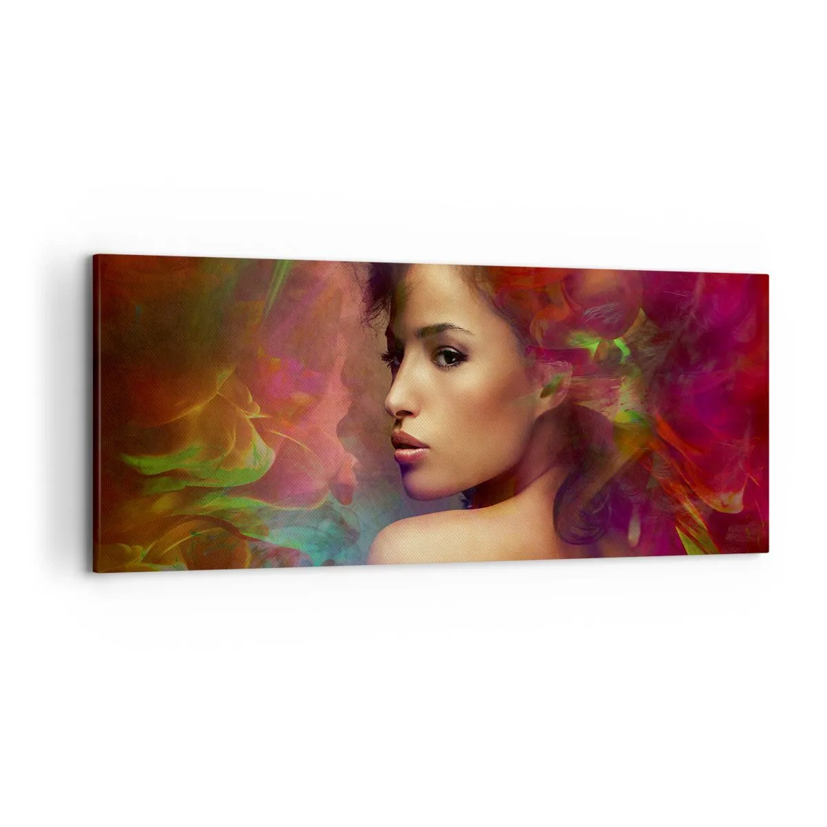 Impression sur toile - Image sur toile - Une femme aux reflets colorés créant un arrière-plan abstrait - 120x50cm - Plus beau qu'un arc-en-ciel, aussi délicat qu'un brouillard - Décoration murale moderne pour le salon et la chambre ARTTOR
