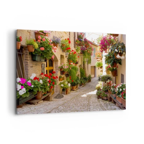 Impression sur toile - Image sur toile - Une rue avec des pots de fleurs et des murs de pierre - 120x80cm - Une inondation de fleurs - Décoration murale moderne pour le salon et la chambre ARTTOR