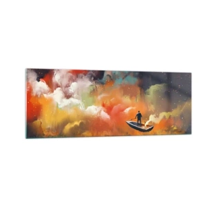 Impression sur verre - Image sur verre - Une silhouette dans un bateau sur un fond de nuages colorés - 140x50cm - En bateau à travers la galaxie - Décoration murale moderne pour le salon et la chambre ARTTOR