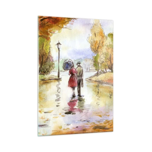 Impression sur verre - Image sur verre - Promenade d'automne d'un couple dans un parc aux feuilles colorées - 50x70cm - Automne romantique dans le parc - Décoration murale moderne pour le salon et la chambre ARTTOR