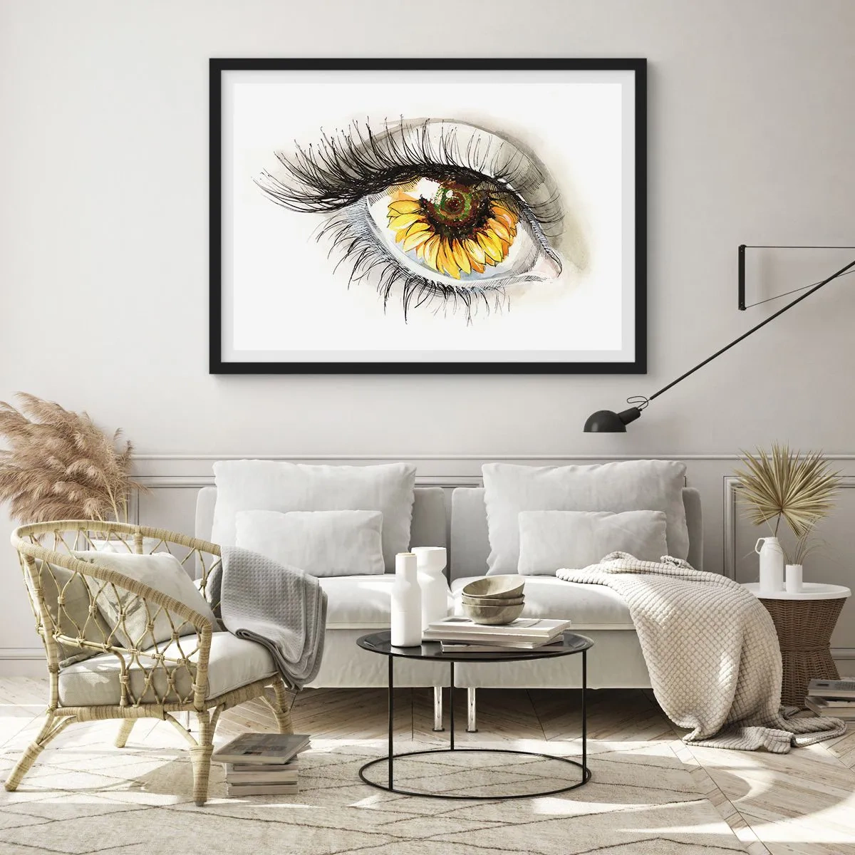 Affiche dans un cadre noir - Poster - Œil artistique avec un iris en forme de tournesol - 70x50cm - Un look aussi chaud que l'été - Décoration murale moderne pour le salon et la chambre ARTTOR
