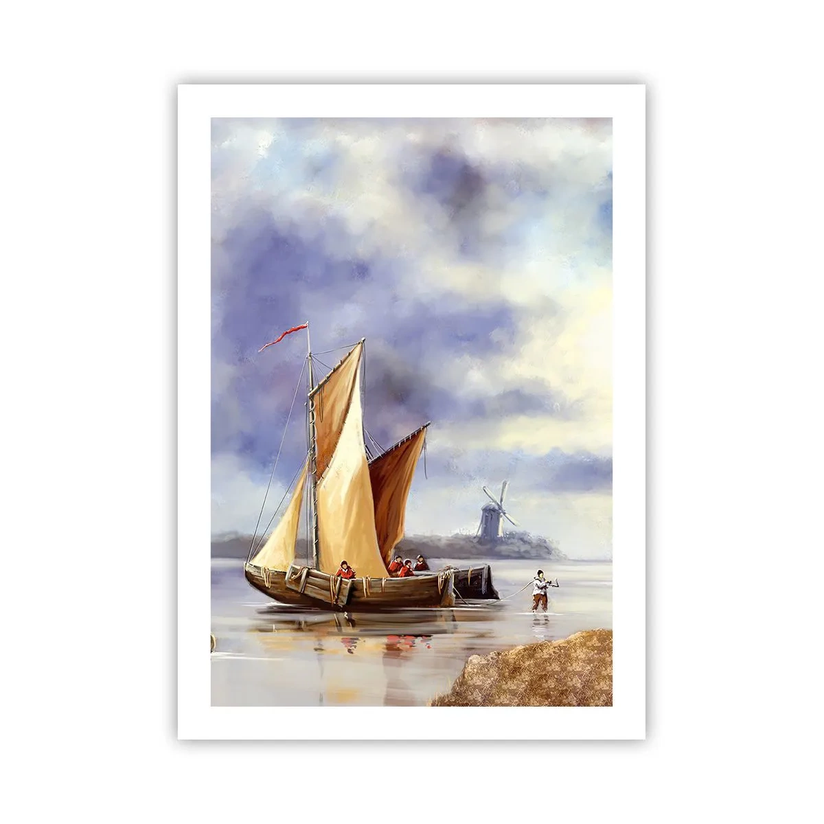 Affiche - Poster - Un voilier sur le rivage avec un moulin à vent en arrière-plan - 50x70cm - Retour de marin - Décoration murale moderne pour le salon et la chambre ARTTOR
