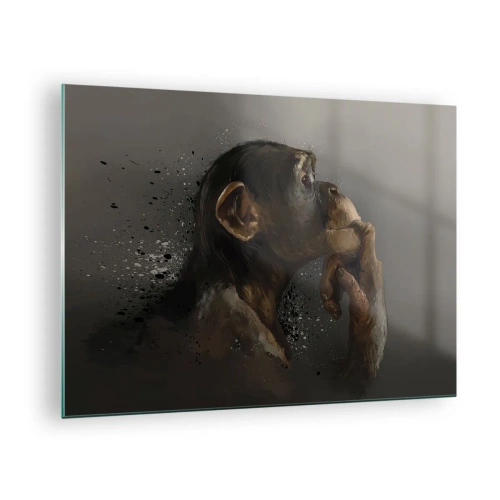 Impression sur verre - Image sur verre - Un singe pensif sur un fond sombre avec un effet d'éclaboussure - 70x50cm - Certainement un penseur - Décoration murale moderne pour le salon et la chambre ARTTOR