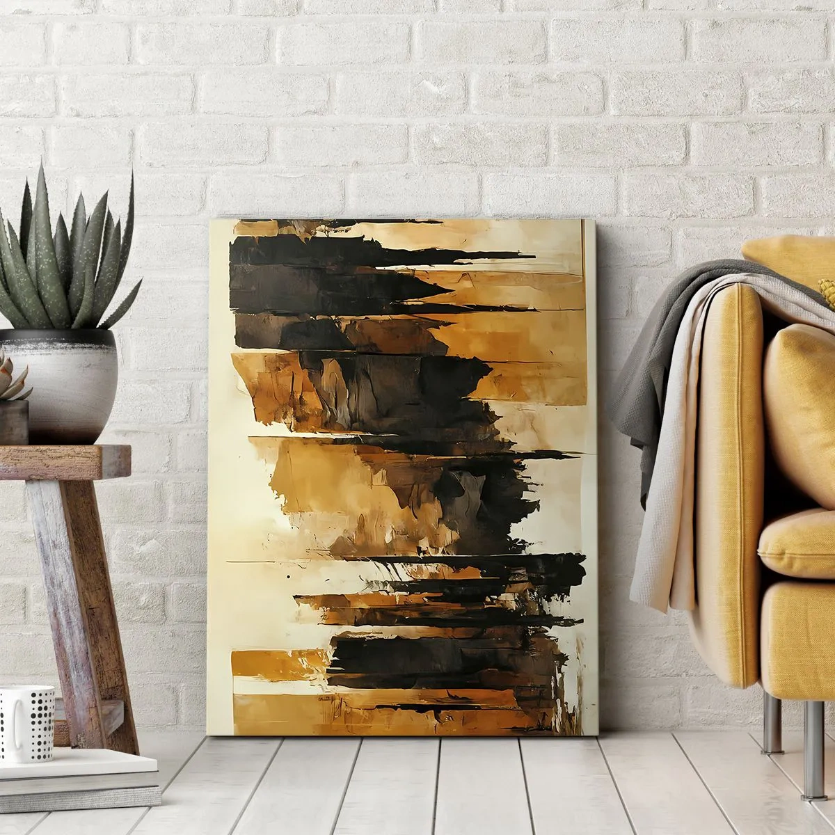 Impression sur toile - Image sur toile - Rayures abstraites dorées et noires dans une composition artistique - 50x70cm - Harmonie de noir et d'or - Décoration murale moderne pour le salon et la chambre ARTTOR