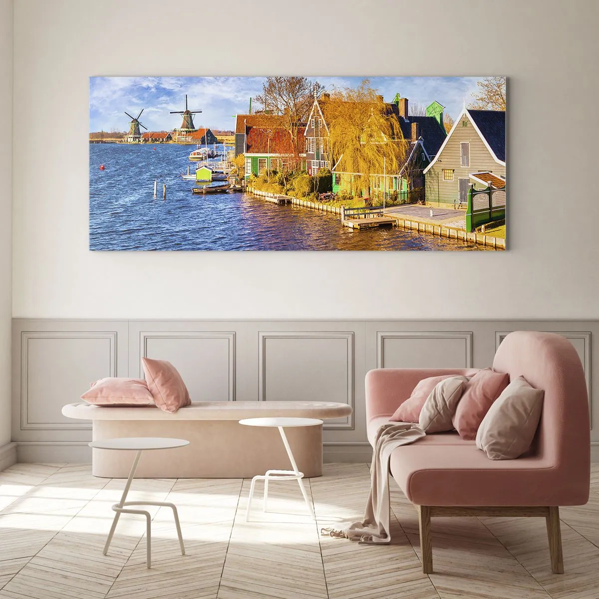 Impression sur verre - Image sur verre - Maisons pittoresques et moulins à vent au bord de l'eau - 160x50cm - C'est pareil depuis des lustres - Décoration murale moderne pour le salon et la chambre ARTTOR