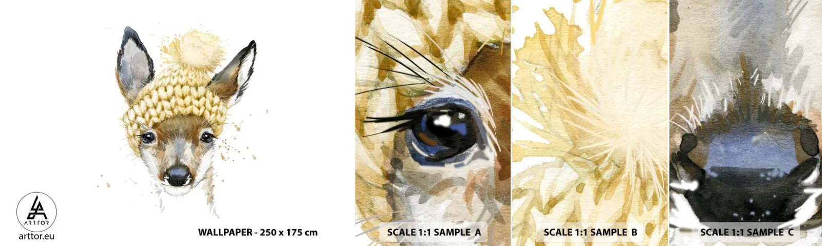 Échantillon de Papier Peint Autocollant Deluxe Sticker - Pour l'hiver dans la forêt enneigée - Pour les enfants, Chevreuil, Graphique - 100x30 cm