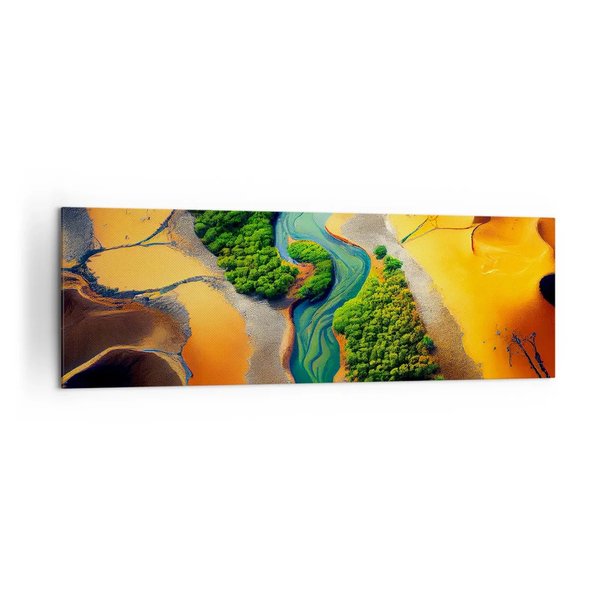 Impression sur toile - Image sur toile - Une rivière verte entourée de sable doré et de végétation - 160x50cm - Rivière vivifiante - Décoration murale moderne pour le salon et la chambre ARTTOR