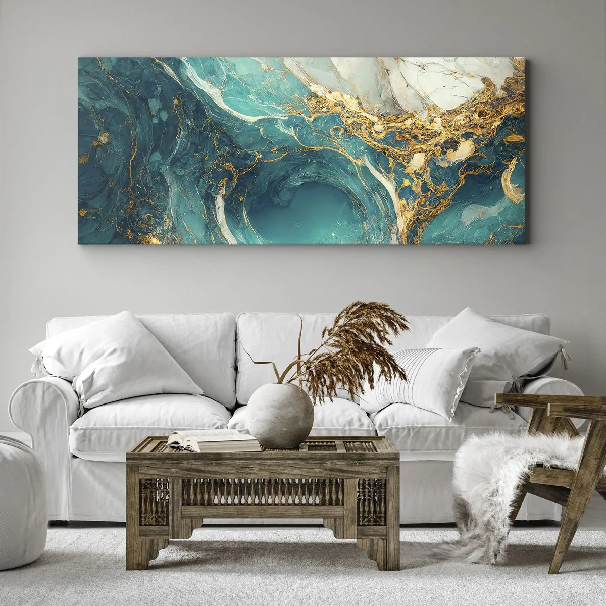 Impression sur toile - Image sur toile - Une composition abstraite dans des tons turquoise et or. - 120x50cm - Composition en veines d'or - Décoration murale moderne pour le salon et la chambre ARTTOR