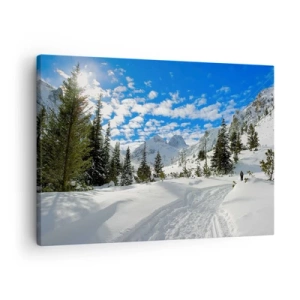 Impression sur toile - Image sur toile - Paysage de montagne hivernal avec une forêt et un chemin dans la neige - 70x50cm - Dans la neige et au soleil - Décoration murale moderne pour le salon et la chambre ARTTOR