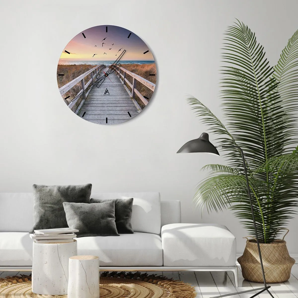 Horloge murale - Pendule murale - Passerelle en bois menant à la plage au coucher du soleil - 30x30cm - Envol des espaces - Décoration murale moderne pour le salon, la cuisine et la chambre ARTTOR