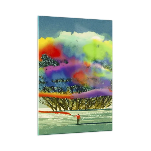 Impression sur verre - Image sur verre - Une explosion de fumée colorée sur fond d'arbre solitaire. - 50x70cm - Donner vie à ce monde - Décoration murale moderne pour le salon et la chambre ARTTOR