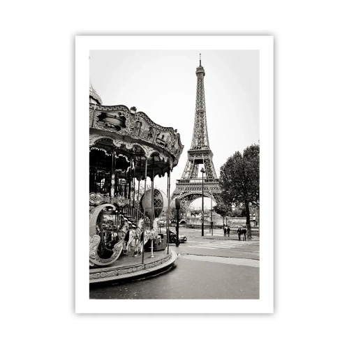 Affiche - Poster - Photo en noir et blanc du carrousel et de la tour en arrière-plan - 50x70cm - Aussi amusant, ce n'est qu'à Paris - Décoration murale moderne pour le salon et la chambre ARTTOR