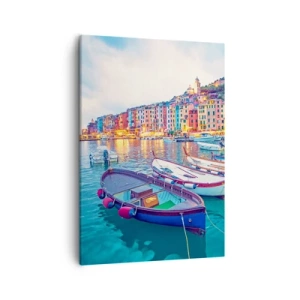 Impression sur toile - Image sur toile - Une ville portuaire colorée avec des bateaux dans le port - 50x70cm - Soirée colorée au port - Décoration murale moderne pour le salon et la chambre ARTTOR
