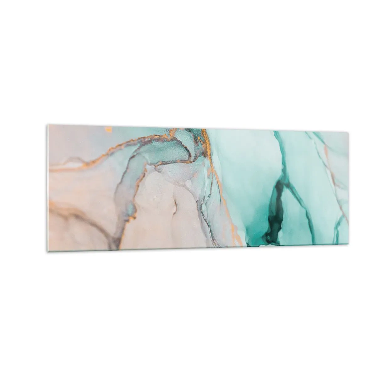 Impression sur verre - Image sur verre - Une composition abstraite dans des tons turquoise et or. - 140x50cm - Danse des formes et des couleurs - Décoration murale moderne pour le salon et la chambre ARTTOR