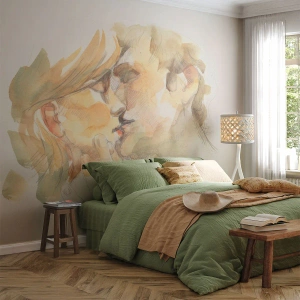 Papier Peint Photo Premium Sand - Une illustration à l'aquarelle d'un couple qui s'embrasse dans des tons chauds. - 100x70cm - A moitié trouvé ? - Décoration murale moderne pour le salon et la chambre ARTTOR