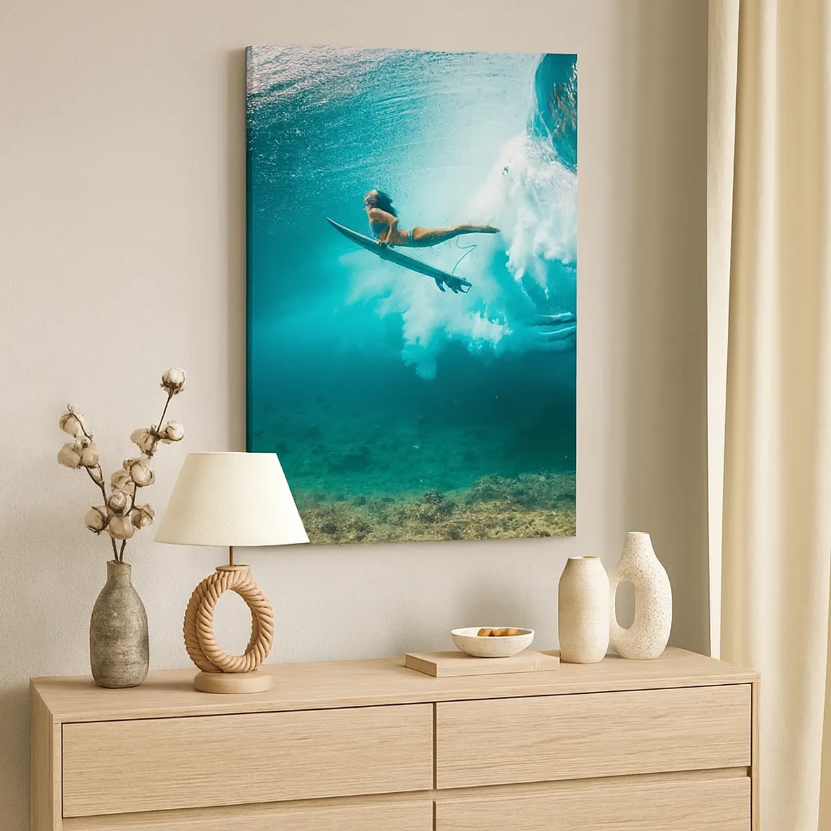 Impression sur toile - Image sur toile - Surfeur sous une vague dans l'eau bleue de l'océan - 50x70cm - Monde sous marin - Décoration murale moderne pour le salon et la chambre ARTTOR